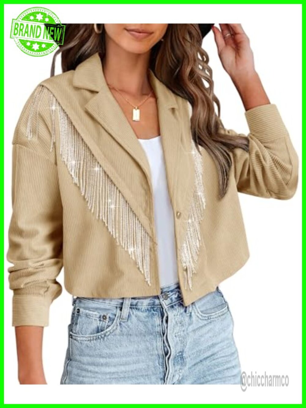 Nlife Corduroy Beaded Fringe Cropped Western Shacket